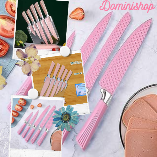 🔪 SET DE CUCHILLOS ROSADOS CON BASE ACRÍLICA 💖